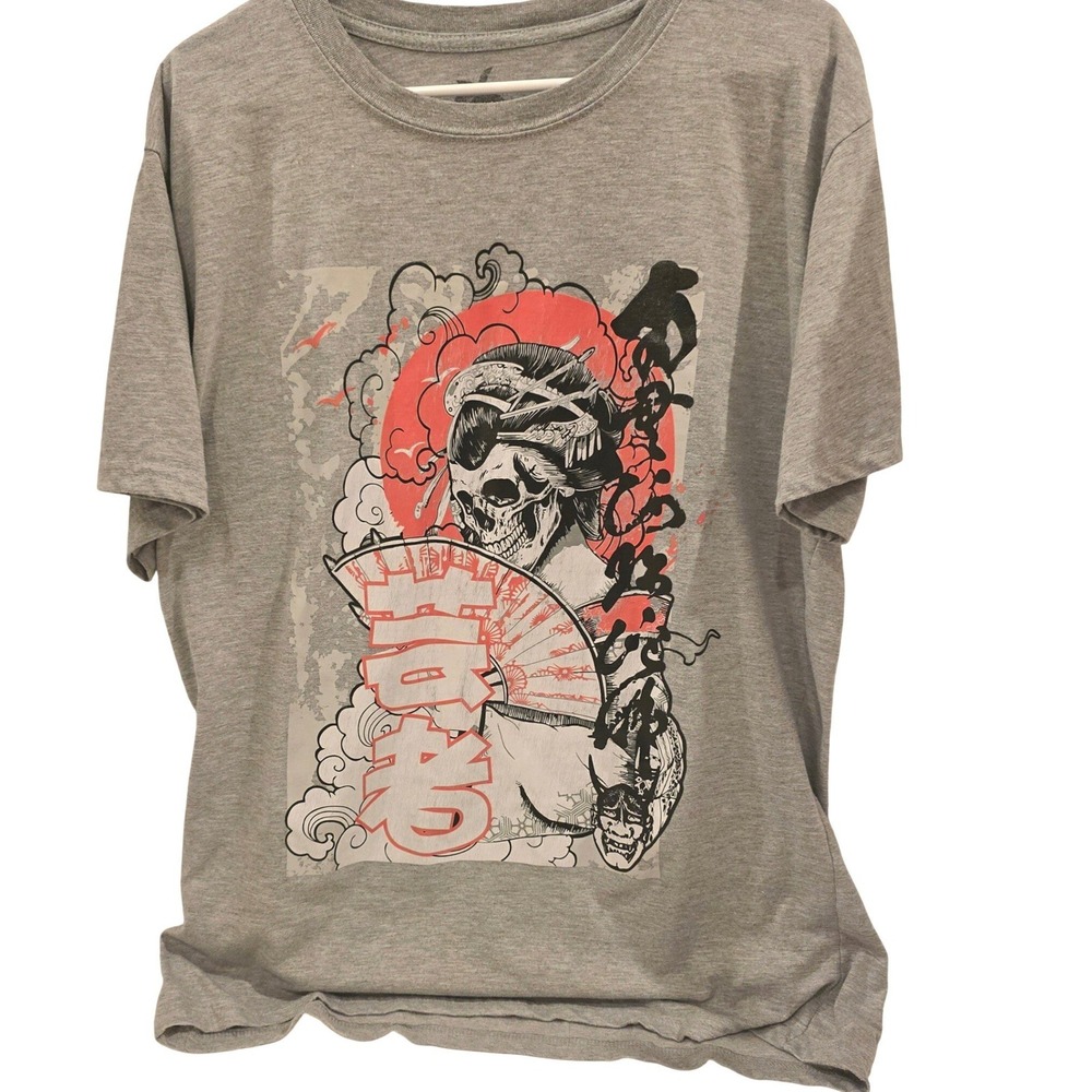 Baile Apparel Vibes Skull Geisha Fan Graphic T Shirt Gray‎ Size L